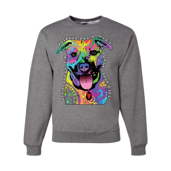 Don't Judge My Pitbull I Won't Judge Your Kids Funny Dog Lover Unisex Crewneck Graphic Sweatshirt, Heather Grey, Large