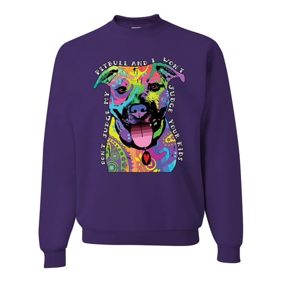 Don't Judge My Pitbull I Won't Judge Your Kids Funny Dog Lover Unisex Crewneck Graphic Sweatshirt, Purple, Medium