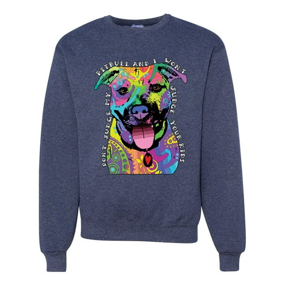 Don't Judge My Pitbull I Won't Judge Your Kids Funny Dog Lover Unisex Crewneck Graphic Sweatshirt, Vintage Heather Navy, X-Large