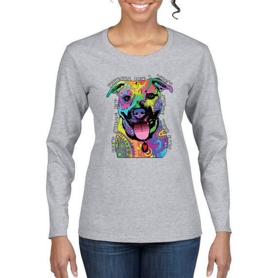 Don't Judge My Pitbull I Won't Judge Your Kids Funny Dog Lover Womens Graphic Long Sleeve T-Shirt, Heather Grey, X-Large