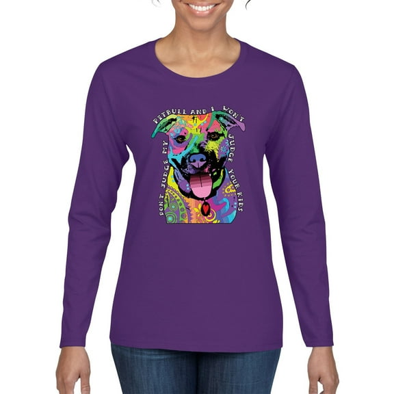 Don't Judge My Pitbull I Won't Judge Your Kids Funny Dog Lover Womens Graphic Long Sleeve T-Shirt, Purple, X-Large