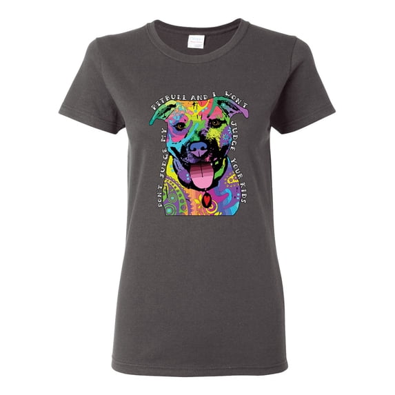 Don't Judge My Pitbull I Won't Judge Your Kids Funny Dog Lover Womens Graphic T-Shirt, Charcoal, Medium