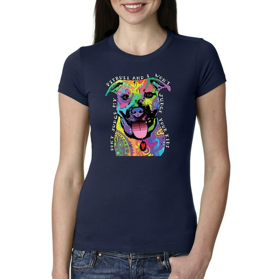 Don't Judge My Pitbull I Won't Judge Your Kids Funny Dog Lover Womens Slim Fit Junior Tee, Navy, 2XL