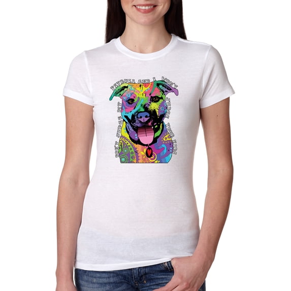 Don't Judge My Pitbull I Won't Judge Your Kids Funny Dog Lover Womens Slim Fit Junior Tee, White, Medium