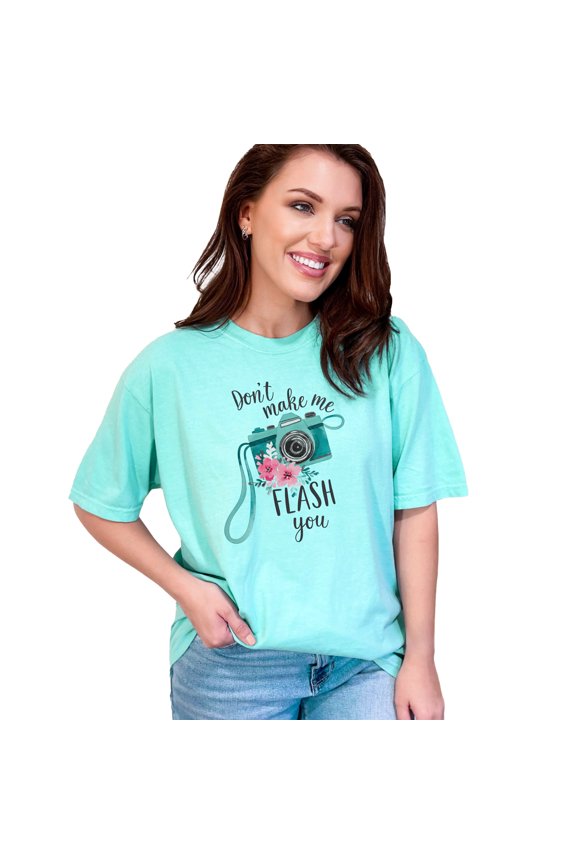 Don't Make Me Flash You T-Shirt, Cute Camera Graphic Tee, Funny Photographer Shirt, Floral Camera Design, Humorous Photo Lover Gift, Chalky Mint Comfort Colors T-Shirt, XL
