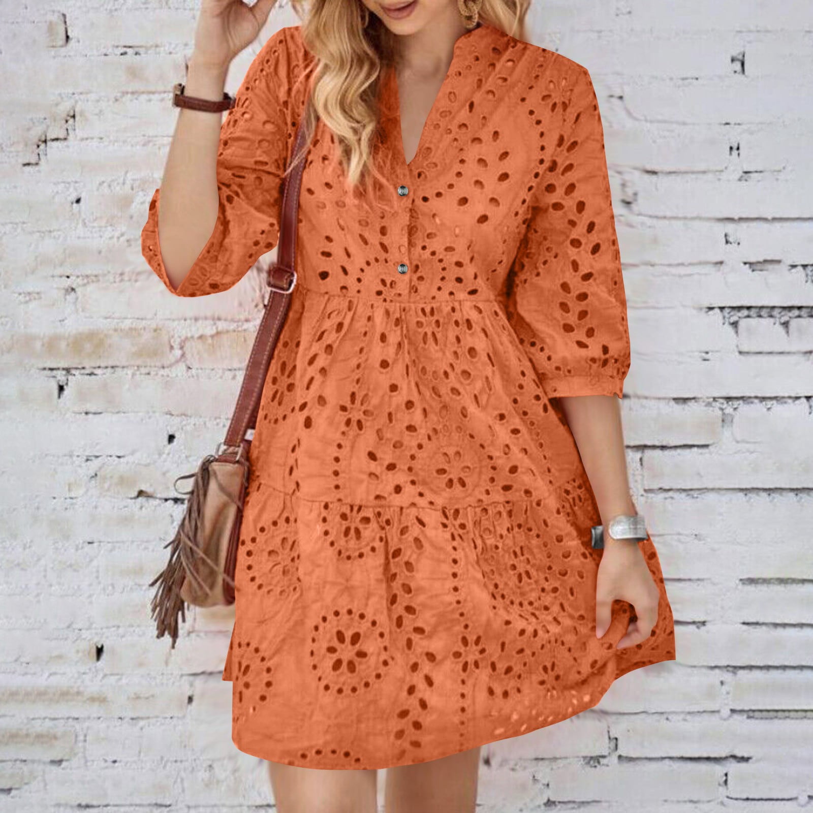 Don't Miss! LHOO Women's 2024 Eyelet Hollow Lace Midi Dress V Neck Puff