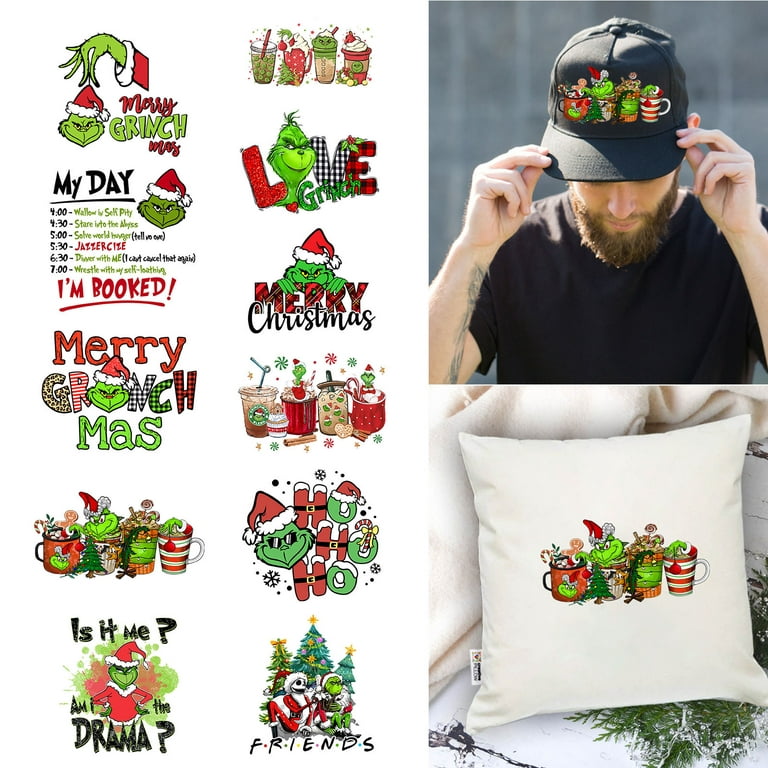 Christmas Iron on Transfers,Christmas Iron on Patches Winter Xmas Grinch  Iron on Stickers Christmas Hat Heat Transfer Decals Patches for T-Shirts  Bags