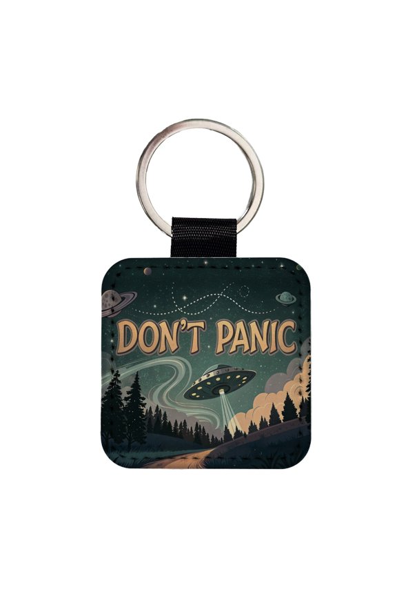 Don't Panic Retro UFO Invasion Funny Faux Leather Square Keychain