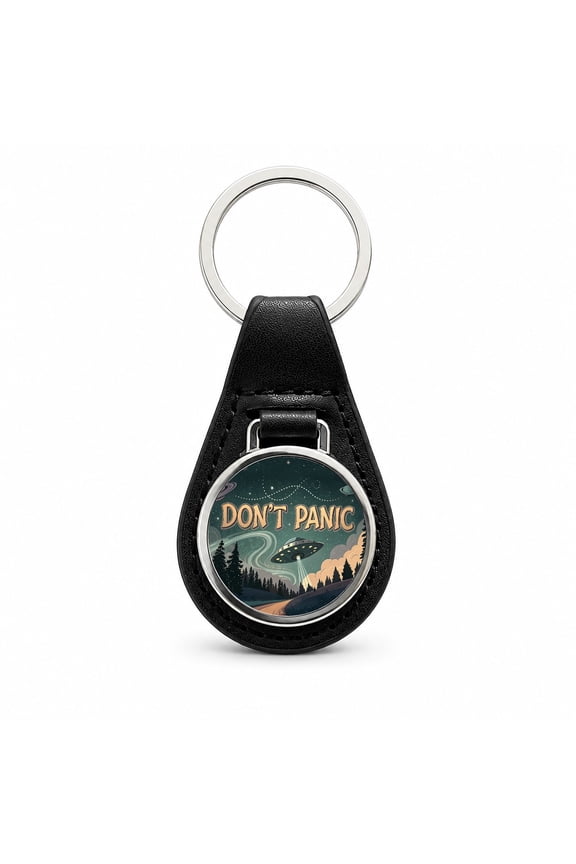 Don't Panic Retro UFO Invasion Funny Metal Black Leather Keychain