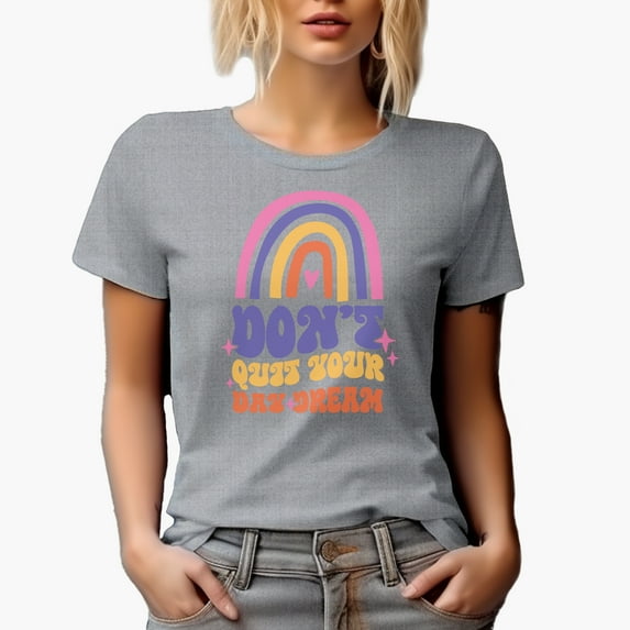 Don't Quit Your Day Dream with Boho Rainbow & Retro Wavy Text Art Merch Gift, Heather Grey T-Shirt, 3XL