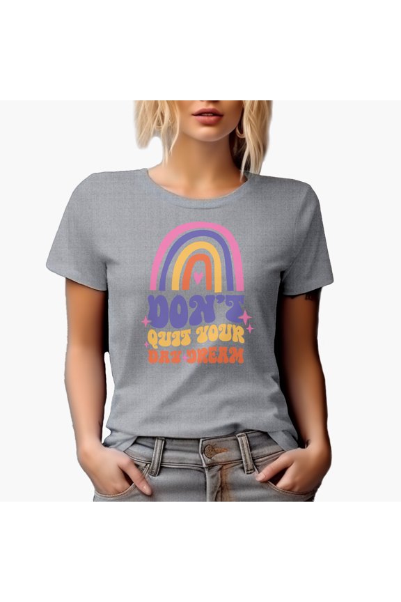 Don't Quit Your Day Dream with Boho Rainbow & Retro Wavy Text Art Merch Gift, Heather Grey T-Shirt, Medium