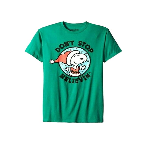 Don't Stop Believin' Men's Green Christmas Holiday T-Shirt (Small)