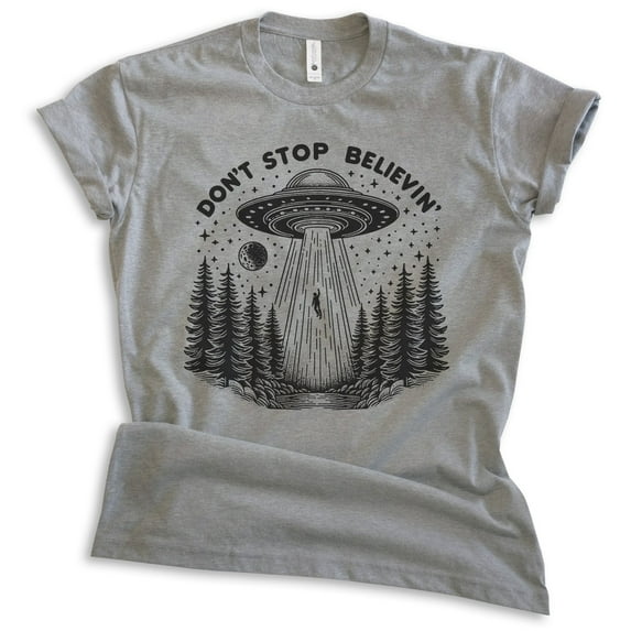 Don't Stop Believin' UFO T-shirt, Unisex Women's Men's Shirt Alien UFO Believe Roswell Area-51 Sci-Fi, Dark Heather Gray, 3X-Large