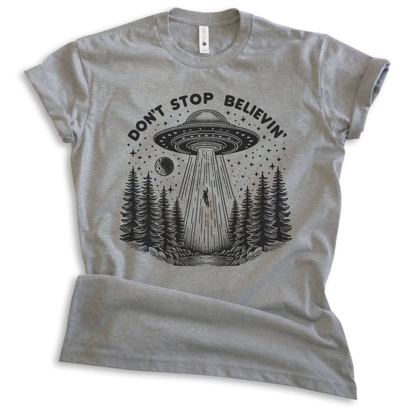 Don't Stop Believin' UFO T-shirt, Unisex Women's Men's Shirt Alien UFO Believe Roswell Area-51 Sci-Fi, Dark Heather Gray, X-Large