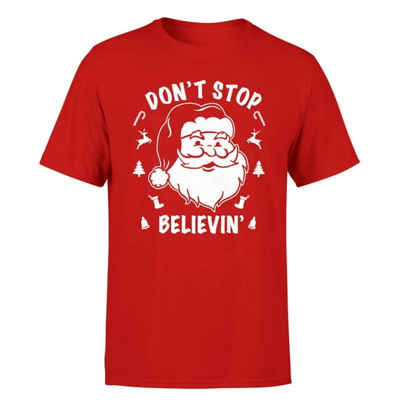Don't Stop Believing Christmas T-Shirt for Men - Funny Santa Claus Costumes | Cool Graphic Tee Idea (Red)