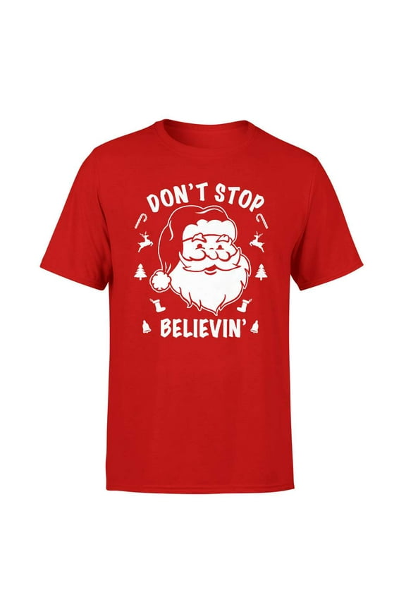 Don't Stop Believing Christmas T-Shirt for Men - Funny Santa Claus Costumes | Cool Graphic Tee Idea (Red)