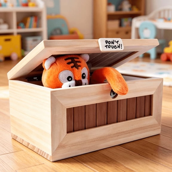 Don't Touch Useless Box - Funny Wooden Prank Box with Plush Tiger, Interactive Switch Gadget & USB Rechargeable Gift for Office