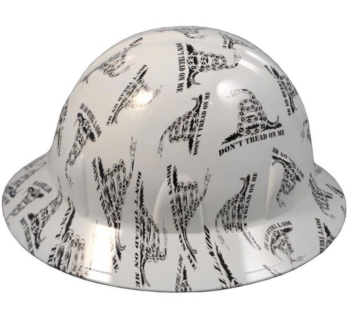 Don't Tread On Me White Hydro Dipped Hard Hats Full Brim Style with 4 Pt Suspension