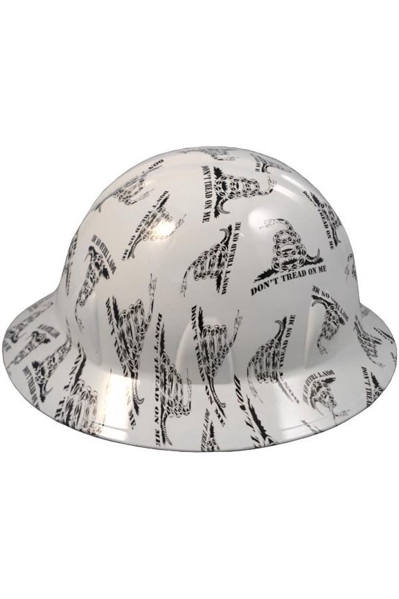 Don't Tread On Me White Hydro Dipped Hard Hats Full Brim Style with 4 Pt Suspension