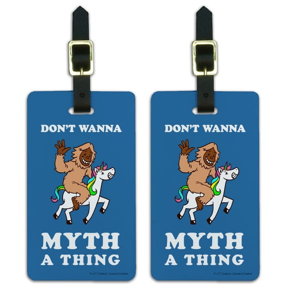 Don't Wanna Myth a Thing Unicorn Bigfoot Funny Humor Luggage ID Tags Suitcase Carry-On Cards - Set of 2
