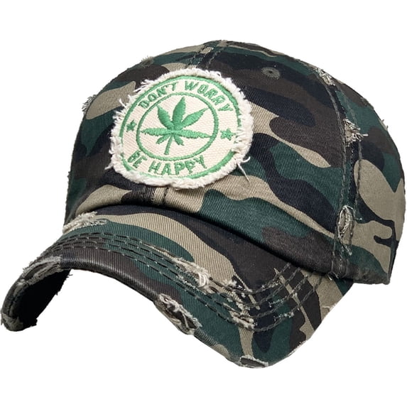 Don't Worry Be Happy Leaf Marijuana Vintage Distressed Washed Baseball Cap Hat Unisex