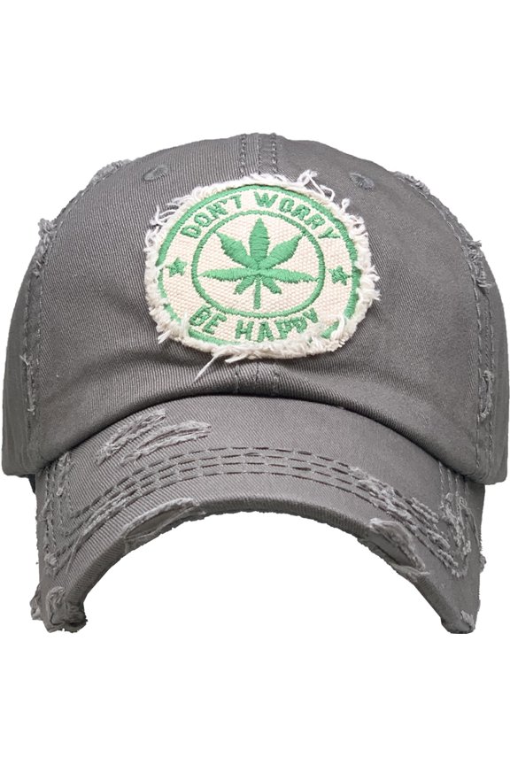 Don't Worry Be Happy Leaf Marijuana Vintage Distressed Washed Baseball Cap Hat Unisex