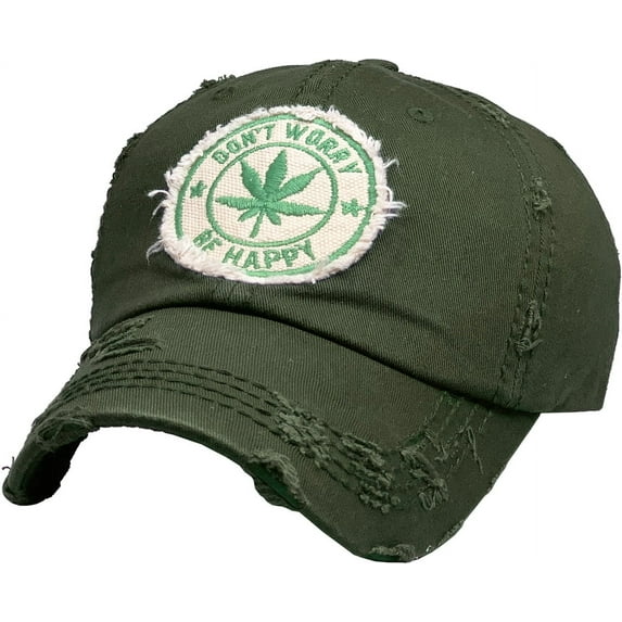 Don't Worry Be Happy Leaf Marijuana Vintage Distressed Washed Baseball Cap Hat Unisex