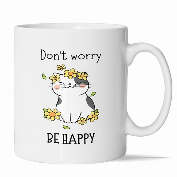 Don't Worry Be Happy Mug - 11oz Cute Cat Design with Positive Vibes
