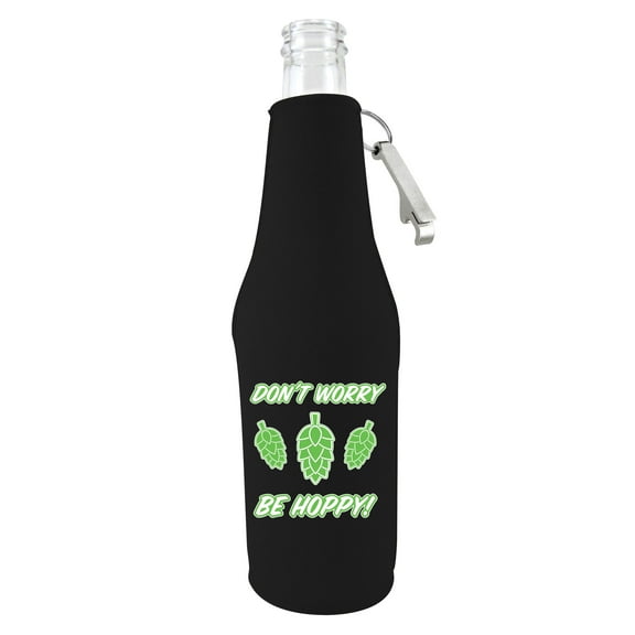 Don't Worry Be Hoppy! Beer Bottle Coolie (Black With Opener)