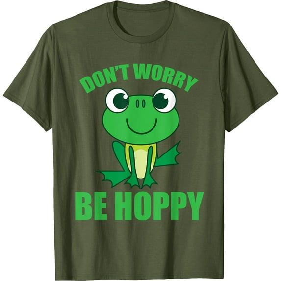 Don't Worry Be Hoppy Cute Crazy Frog Unisex T-Shirt for Men Women Kids,Military Green Color,Size 4XL