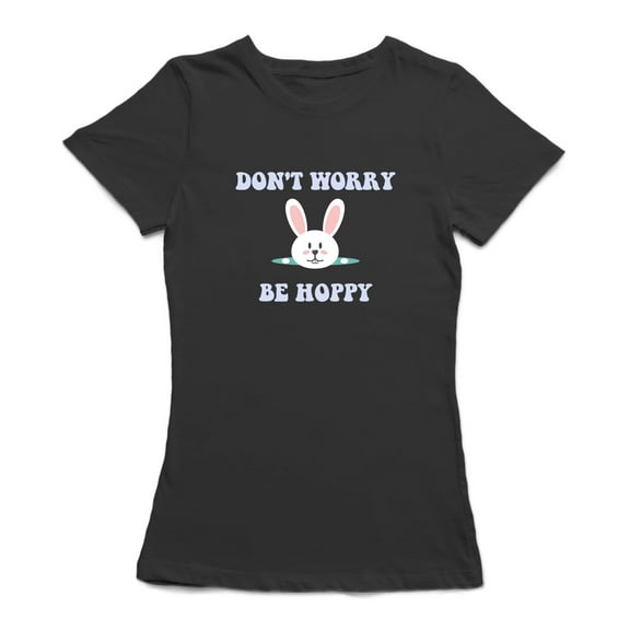 Don't Worry Be Hoppy Easter Bunny Graphic Women Black T-Shirt, Female Small