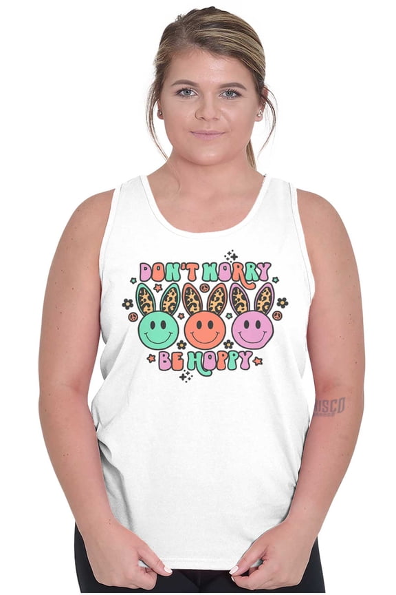 Don't Worry Be Hoppy Easter Bunny Tank Top Tee Shirt Women Brisco Brands X