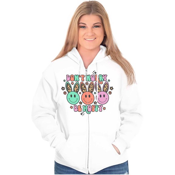 Don't Worry Be Hoppy Easter Bunny Zip Hoodie Sweatshirt Women Brisco Brands L