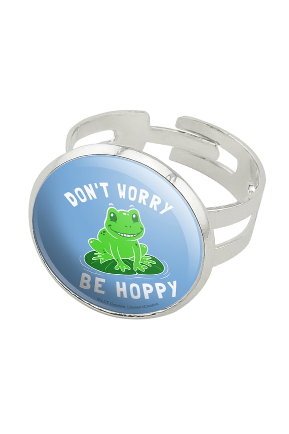 Don't Worry Be Hoppy Frog Funny Humor Silver Plated Adjustable Novelty Ring