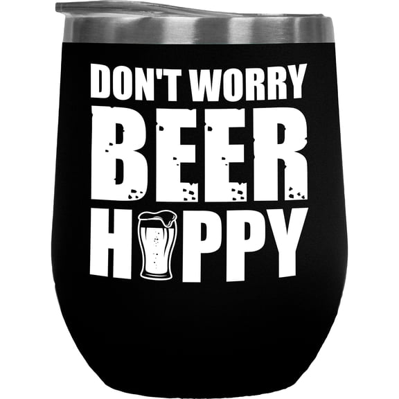 Don't Worry, Beer Happy - Drinker, Drinking Pun, Black 12oz Wine Tumbler