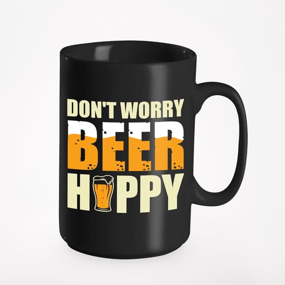 Don't Worry, Beer Happy - Drinker, Witty Drinking Pun, Black 15oz Ceramic Mug
