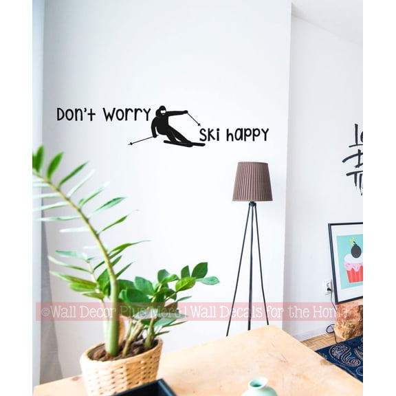 Don't Worry Ski Happy Sports Skier Wall Art Decal Quote Sticker - Vinyl Wall Art Quote - Kids Bedroom Sports Decor - Ski Vinyl Lettering - Sports Vinyl Wall Sticker, 36x7-Inch, Black