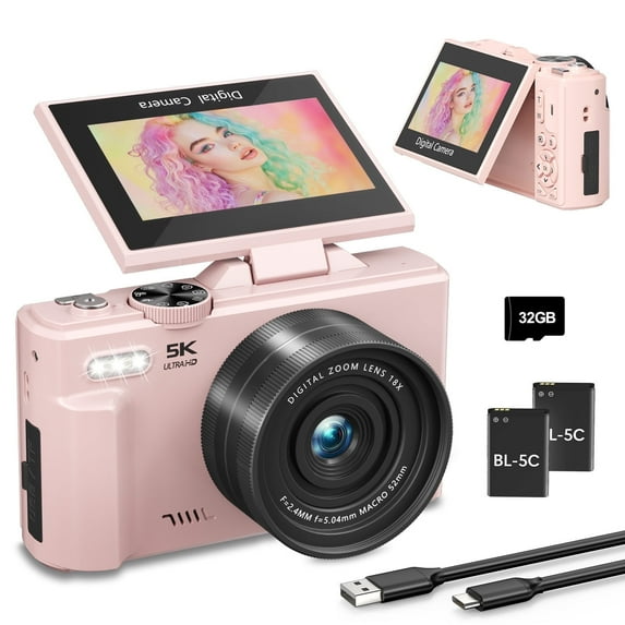 Saneen Digital Camera 5K 75MP WiFi Vlogging Cameras for You Tube 3''180° Flip Screen 18X Zoom with 32GB Card for Beginners Pink