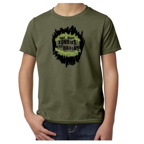 Don’t worry zombies eat brains kids T-shirt, Funny Kids shirts, Youth Graphic Tees - Olive MH200YFUN S12 XL