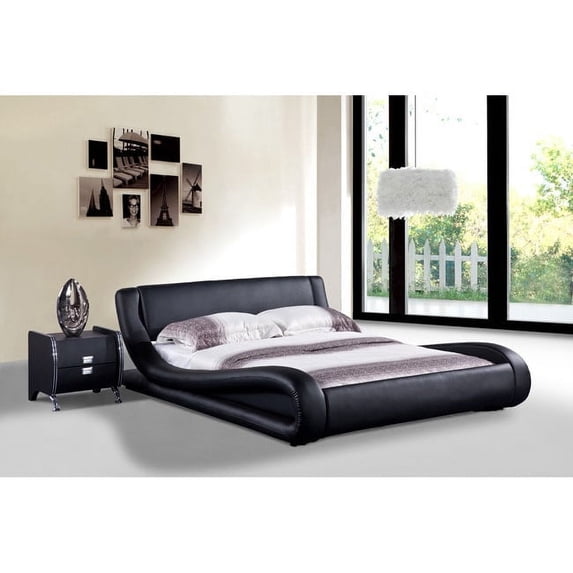 Dona Contemporary Faux Leather Platform Bed, Black, Queen