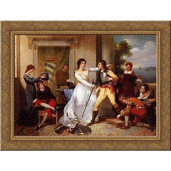 Dona Filipa de Vilhena knighting her sons 24x20 Gold Ornate Wood Framed Canvas Art by Portuense, Vieira