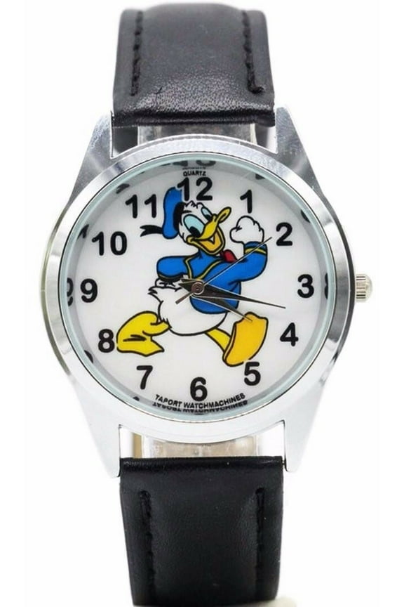Donald Duck Cartoon Character Black Leather Band Wrist Watch