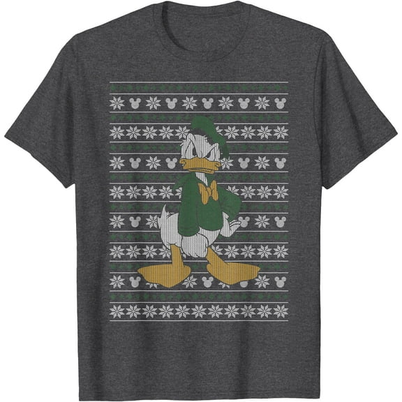 Donald Duck Christmas Sweater Style Holiday DTG Print Unisex T-Shirt,Dark Heather Grey Color,Size XL