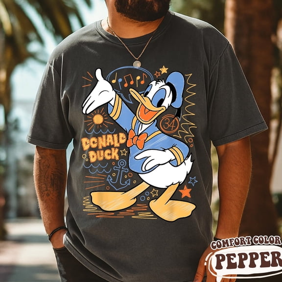 Donald Duck Doodle T-Shirt, Donald Scribble Style Tee, Disney Donald Shirt, Disneyland Matching Tee ,Pepper Color,Size M