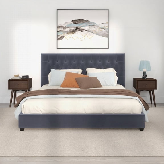 Donald Mid Century Grey Velvet King Platform Bed - Elongated Headboard & Upholstered Frame