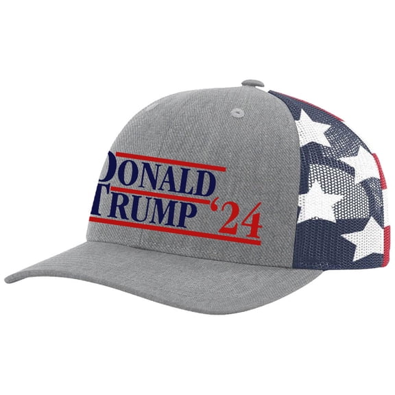 Donald Trump 2024 Political Campaign '24 Men's Embroidered Mesh Back Trucker Hat, Heather Grey/American Flag