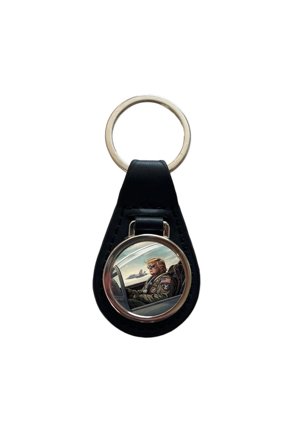 Donald Trump In Jet Fighter Funny Patriotic Metal Black Leather Keychain
