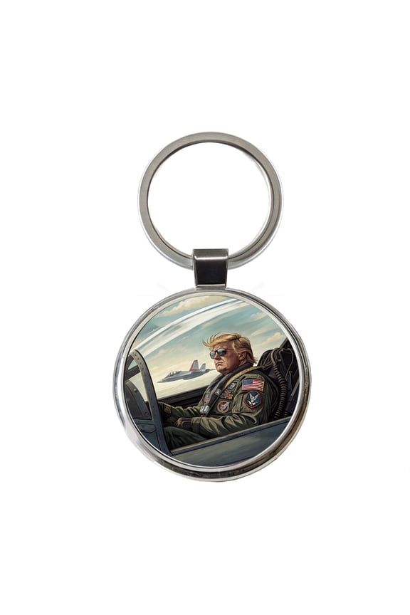 Donald Trump In Jet Fighter Funny Patriotic Metal Round Keychain
