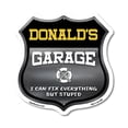 thumbnail image 1 of Donald's Garage I Can Fix Everything But Stupid 18 inch X 18 inch Shield Shaped Commercial Grade Plastic Sign To last, Gift for Dads and Uncles Classic Americana Crafted in the USA, 1 of 7