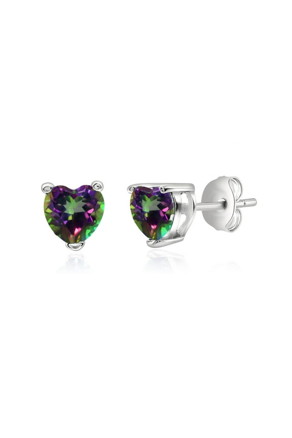 , Earrings For Women, Solid 925 Sterling Silver, Created Mystic Topaz Heart Studs, Italian Made Silver